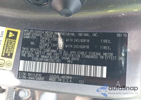 2019 Toyota Highlander Xle from USA, damaged, VIN 5TDKZRFHXKS567283